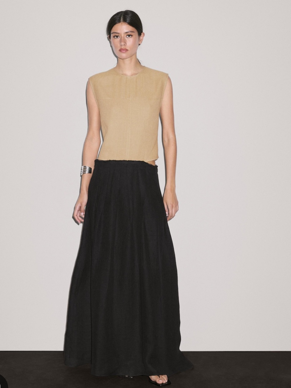Massimo Dutti NWT Linen Midi Dress Beige Black Colorblock US 4